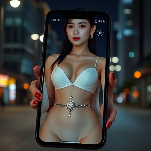 手机屏幕上显示着一个论坛界面，旁边是夜晚的城市灯光