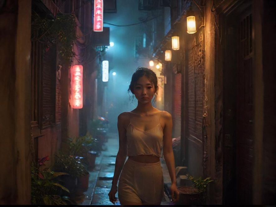 广州车陂充满生活气息的夜间小巷，灯火阑珊，人影憧憧，透露着一丝神秘感。