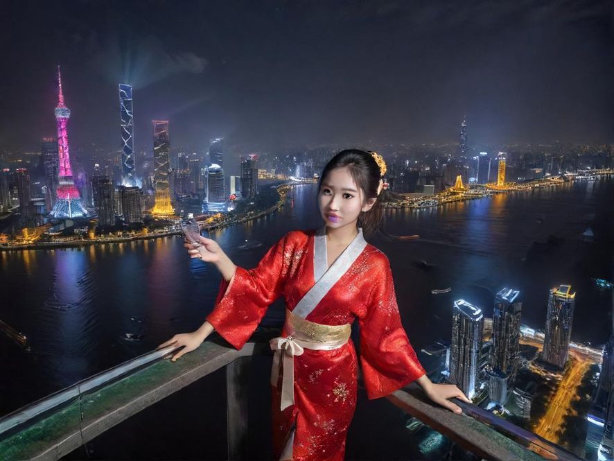 广州夜景珠江边灯光璀璨的美景