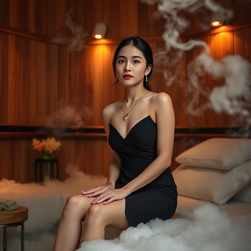 一个舒适的桑拿房内部，蒸汽缭绕，写实风格的照片