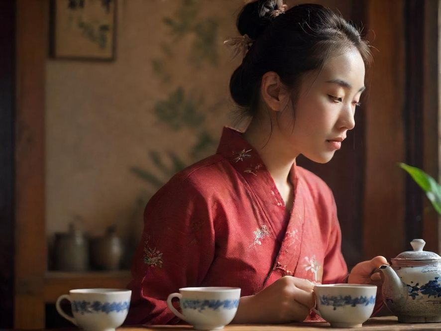 一位茶艺师在深圳福田茶室中，专注地进行泡茶，动作优雅，光线柔和。