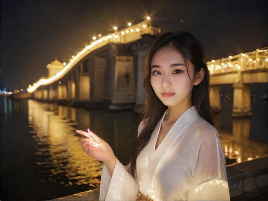 潮州古城夜景，湘子桥畔灯火璀璨，尽显古城韵味。