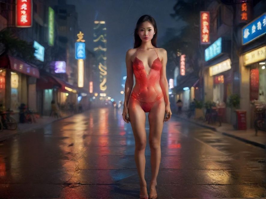 广州夜色下的街景，灯光柔和