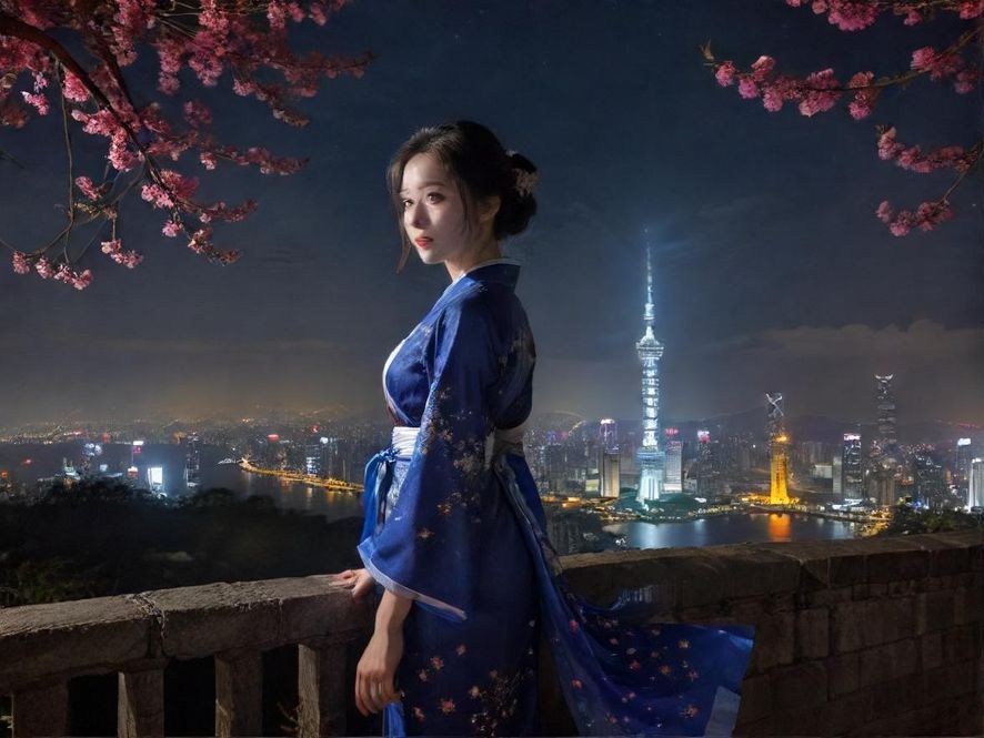 广州夜景，俯瞰视角，霓虹灯闪烁，城市天际线绵延