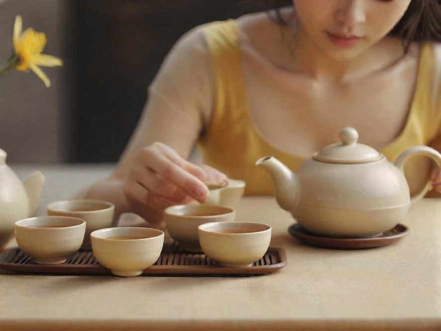 一盏精致的茶杯，茶汤清澈，背景虚化，禅意十足，仿佛能闻到茶香。