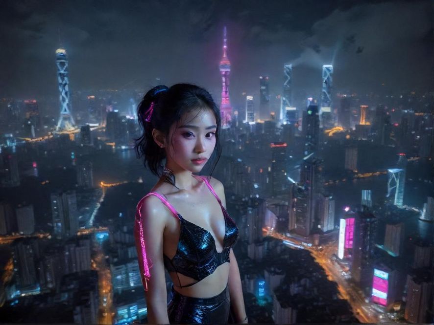广州夜景流光溢彩，充满赛博朋克风格的城市天际线