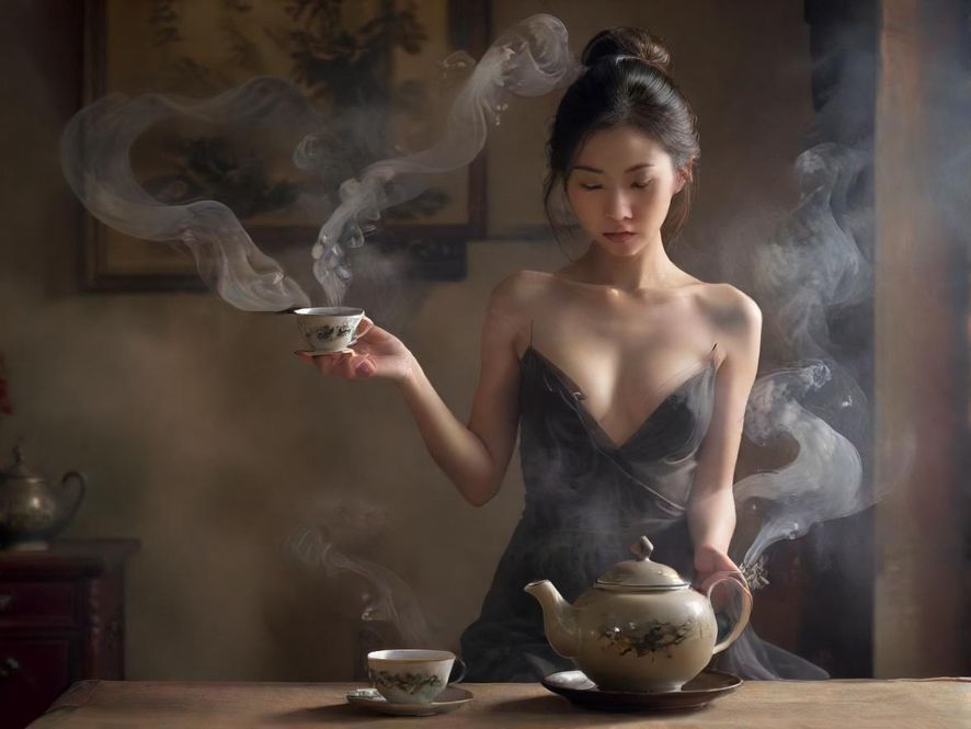 一套精致的茶具，茶杯中冒着袅袅茶烟，营造出私密宁静的氛围