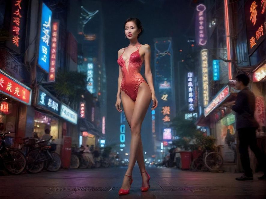深圳夜晚繁华的街道景象，霓虹灯闪烁，充满活力。
