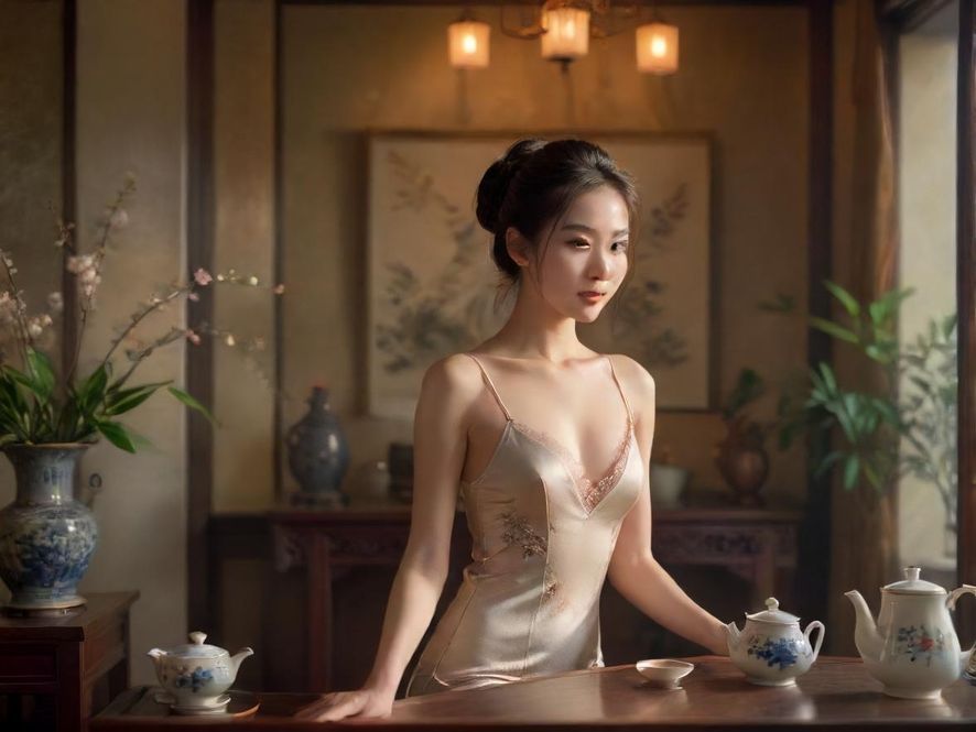 茶艺师在广州高端工作室中进行茶道表演，专注而优雅。
