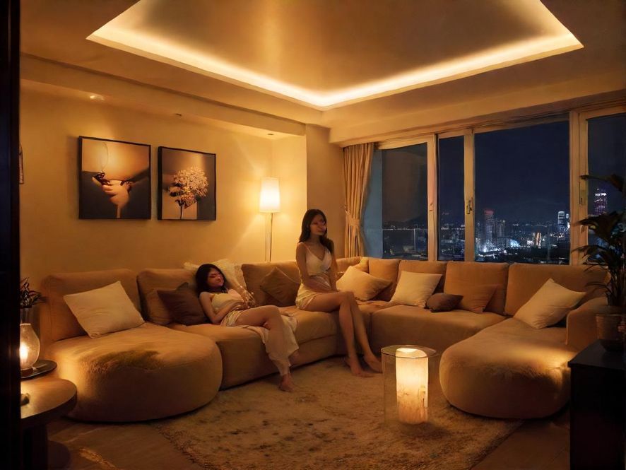 温馨舒适的私人休闲空间，柔和的灯光下，舒适的沙发让人感到放松。