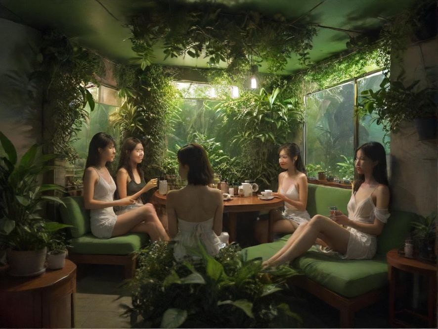 增城一处隐藏的私密茶室，光线柔和，绿植点缀，营造出宁静放松的氛围。